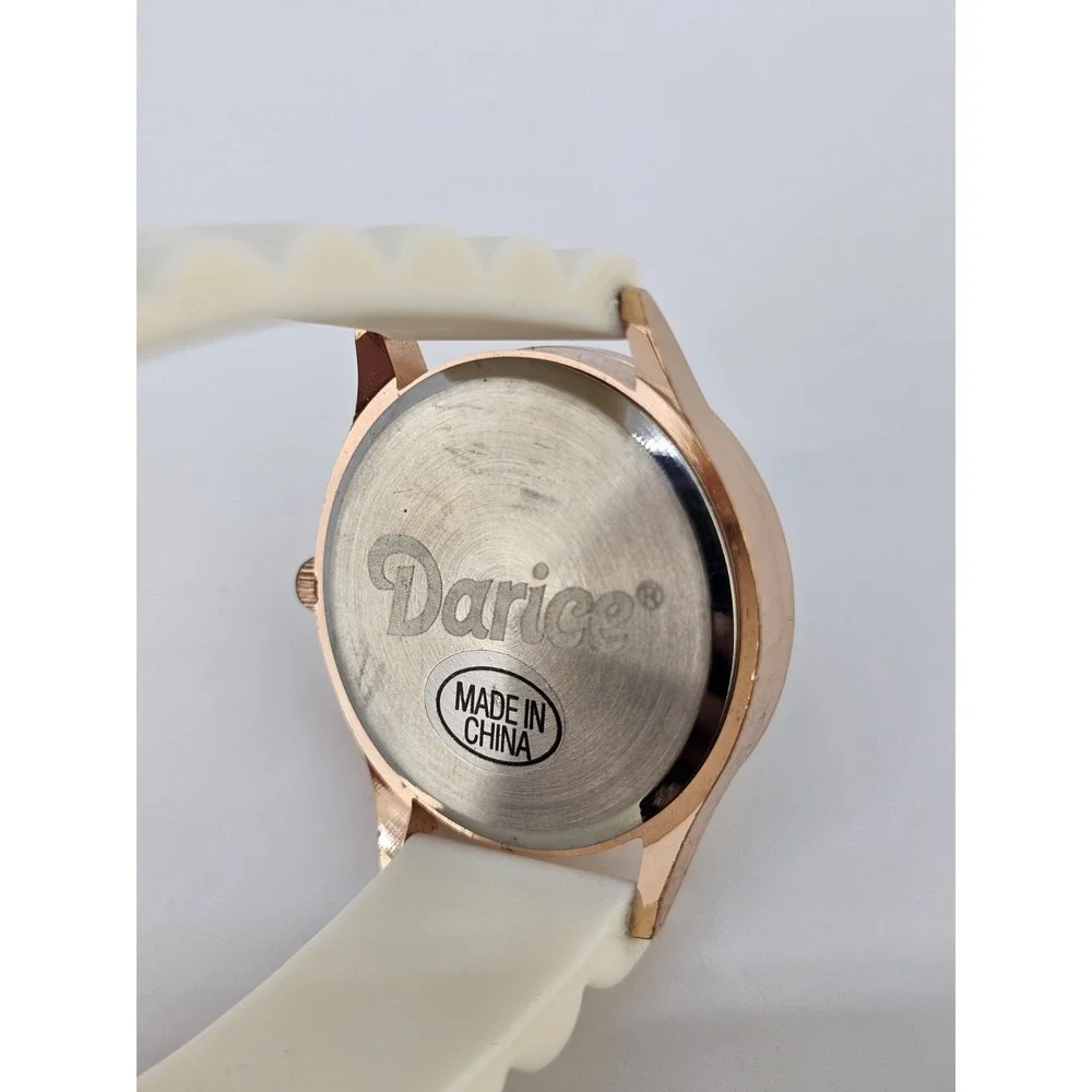Women Analog Watch 38MM White Dial Crystal Bezel Cream Plastic Bands NEW Battery